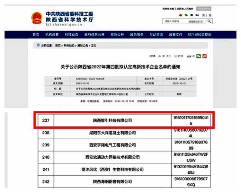 智引公司入选陕西省2022年第四批拟认定高新技术企业名单